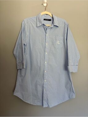 Lauren Ralph Lauren Tunic Top Sleep Shirt Sz M Blue White Cotton Stripe Coastal